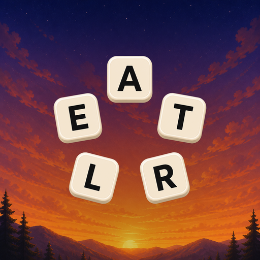 Letter Retreat app icon: cream letter tiles floating over a sunset mountain landscape.