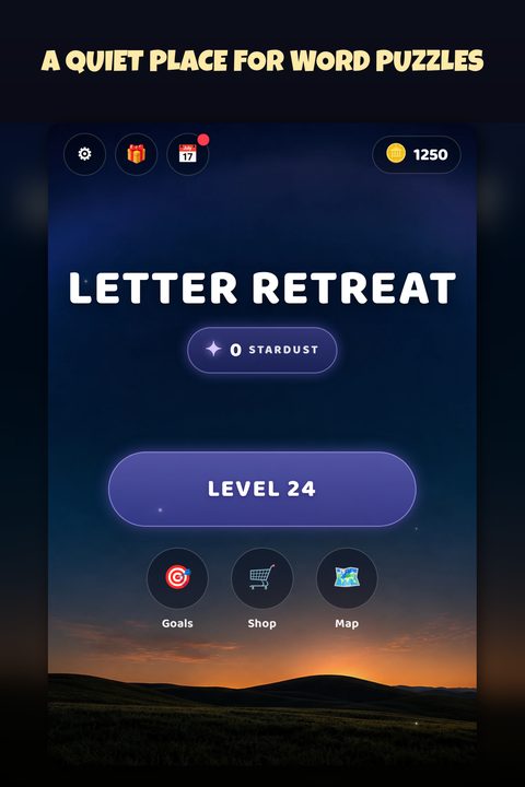 Letter Retreat home screen with a Level 24 button over peaceful twilight hills.