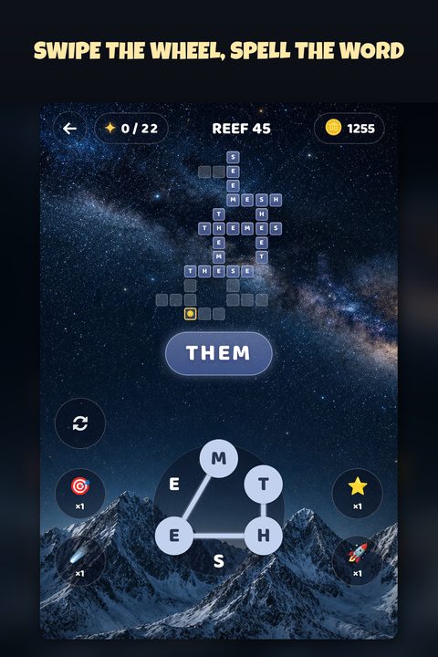 A crossword-style grid under a starry Milky Way sky with a circular letter wheel spelling words.