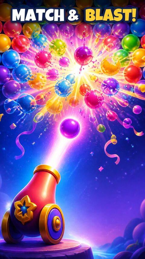 A cannon fires a purple bubble into a rainbow burst of popping bubbles.