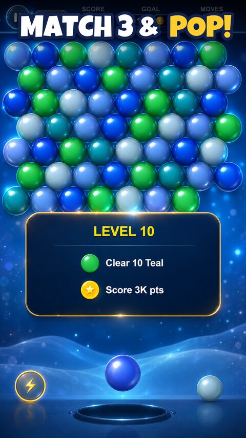 A blue-themed level board with a Level 10 objective: clear 10 teal bubbles and score 3K points.