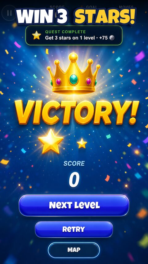 Victory screen with a golden crown, stars and a Next Level button after completing a level.