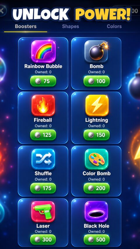 Boosters shop showing Rainbow Bubble, Bomb, Fireball, Lightning and other power-ups.