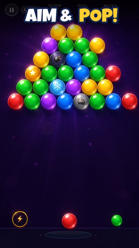 A triangular cluster of multicolored bubbles including special star, freeze and bomb bubbles.