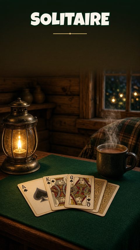 Solitaire title art: a fanned hand of cards beside a glowing lantern on a wooden table.