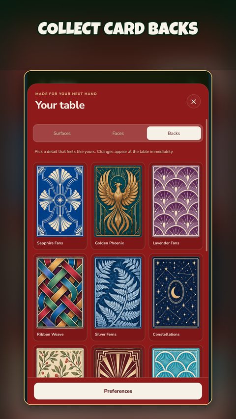 Collect card backs: a grid of patterned card back designs.