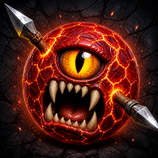 Spike Monsters app icon: a fiery one-eyed monster ball pierced by two metal spears.