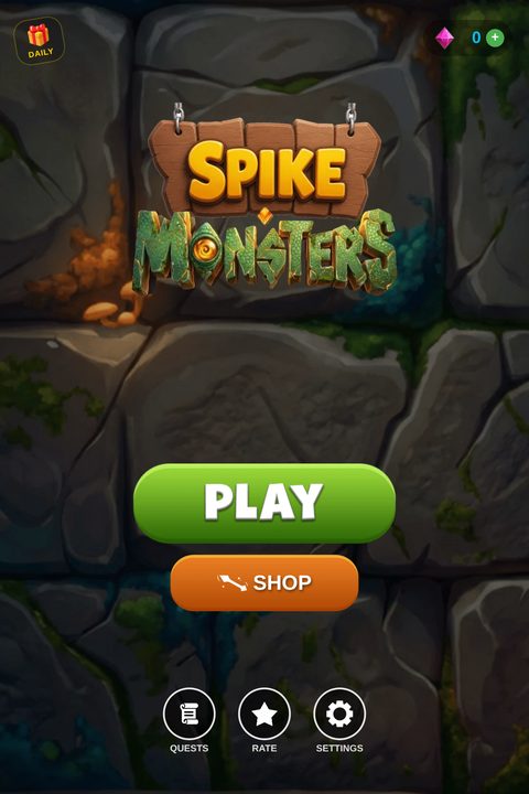 Spike Monsters title screen with hanging wooden signs, a green Play button and an orange Shop button on a dungeon wall.