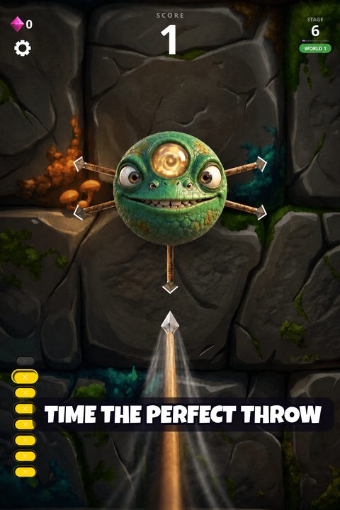 A green googly-eyed monster ball stuck with arrows as a spear is aimed at it — Stage 6, World 1.